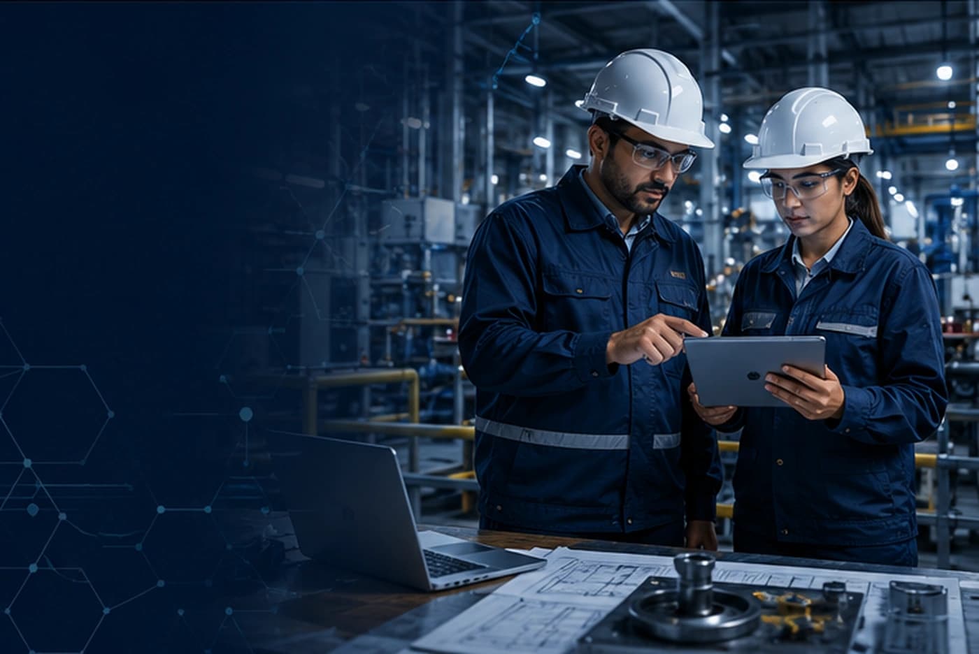 Engineering consultants reviewing industrial risk and compliance requirements