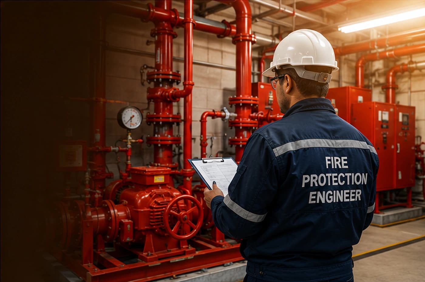 Fire protection engineer inspecting an industrial fire-water system